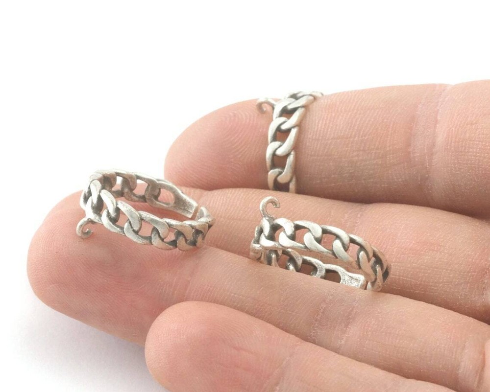 Chain Adjustable Ring with loop - Antique silver plated brass (5 - 8 US 4303