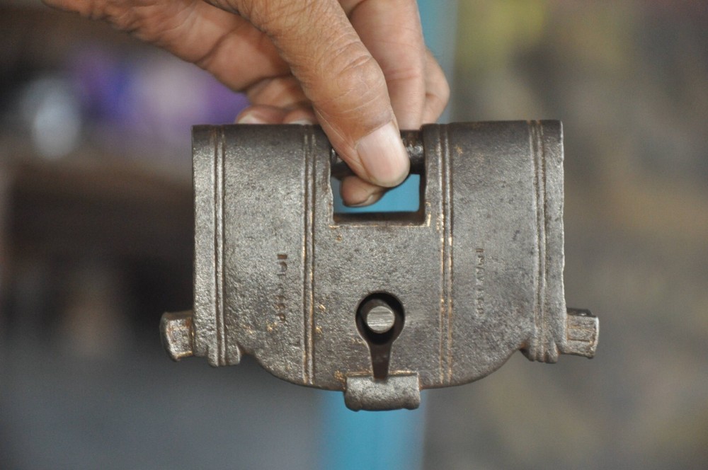 Vintage Unique Solid Lines Engraved Iron Handcrafted Padlock, Nice Patina