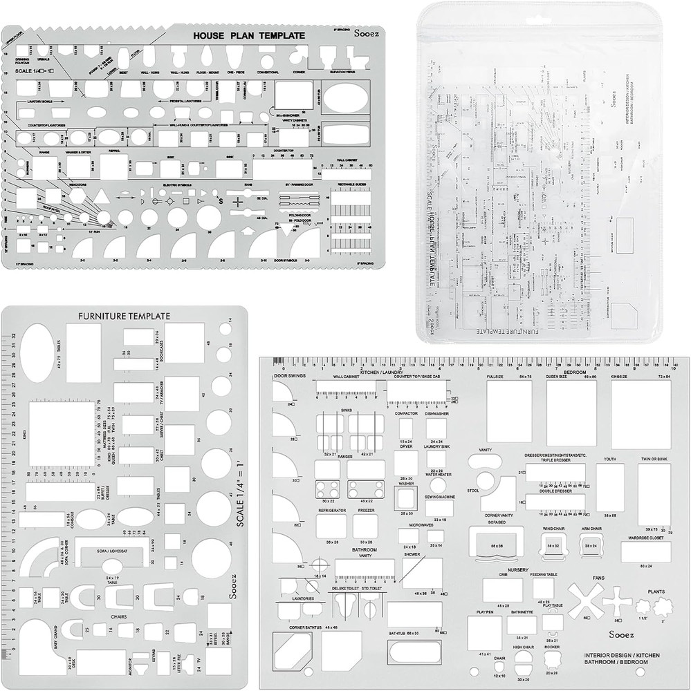 3 Pc Architectural Template Set House Plan Furniture Drafting Tool