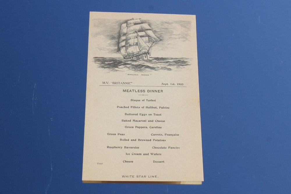 WHITE STAR LINE MV BRITANNIC ORIGINAL ONBOARD THIRD CLASS MENU 01/09/33 DINNER