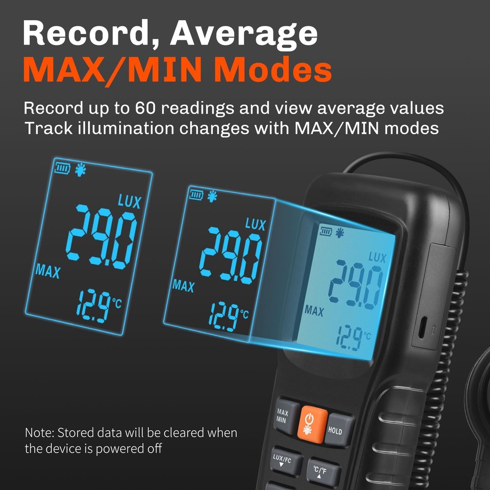 Light Meter Digital Illuminance, Split Sensor Lux/Foot Candles Meter 0–200,00...