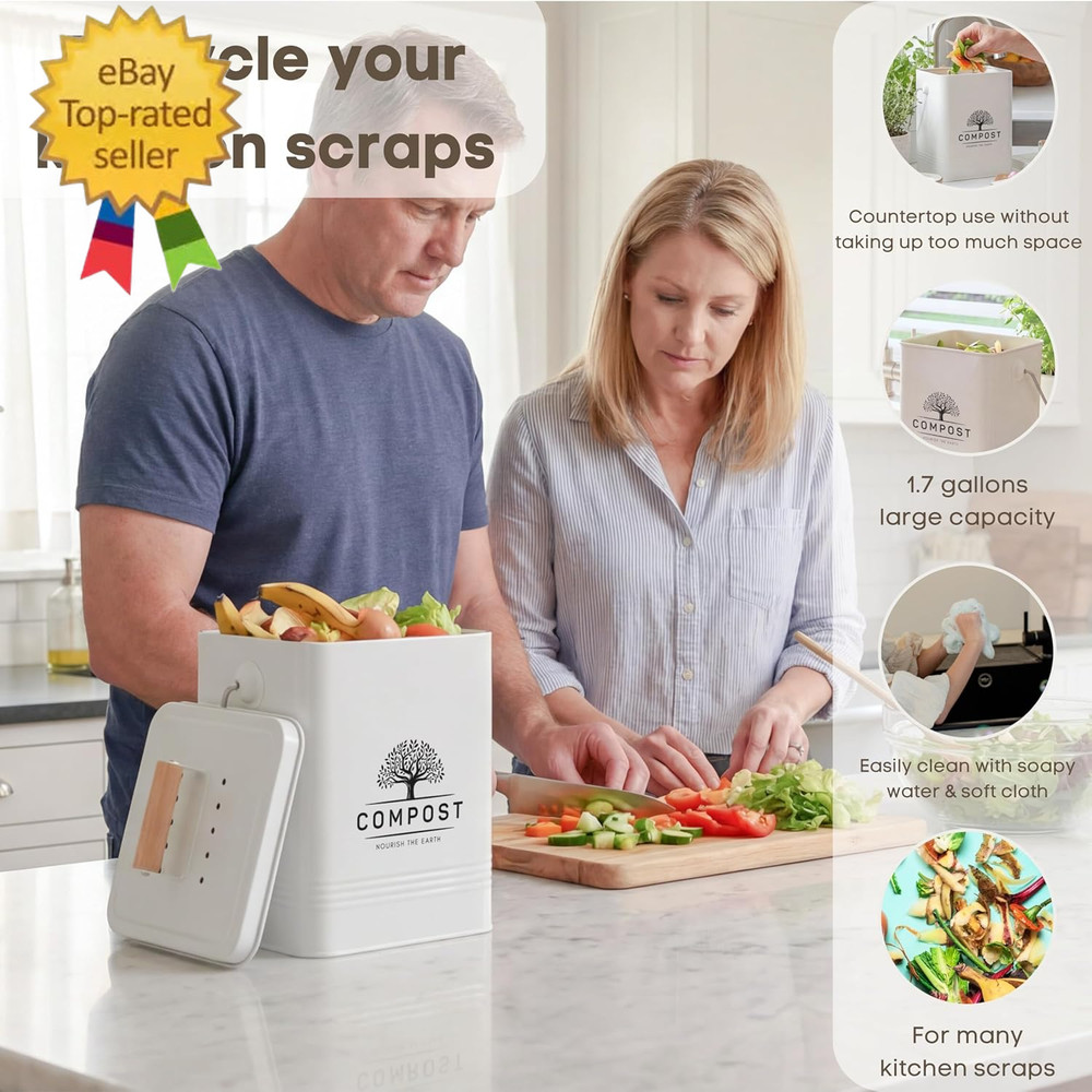 Kitchen Compost Bin, 1.7 Gallon Countertop Compost Bin with Lid, Indoor Compost