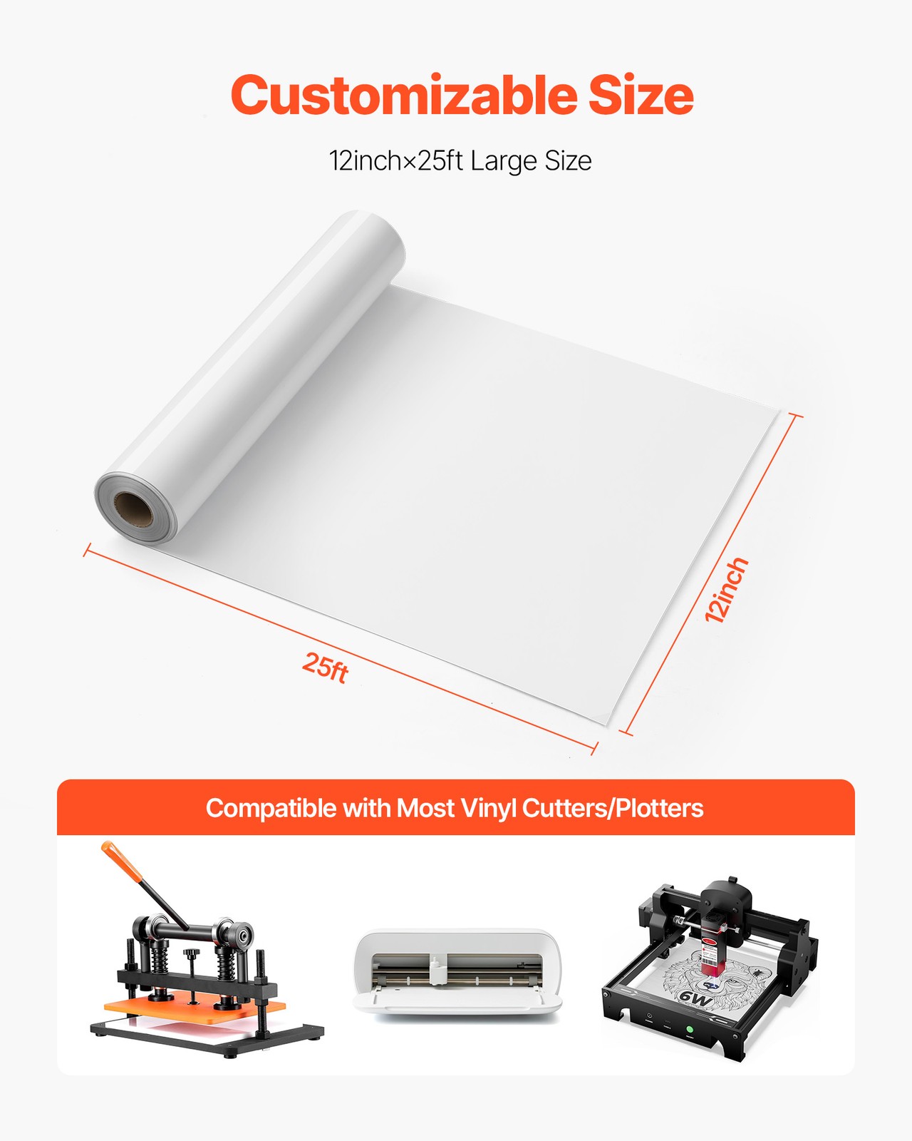 VEVOR Heat Transfer Vinyl HTV Iron on Vinyl Roll 12 in x 25 ft Glossy White