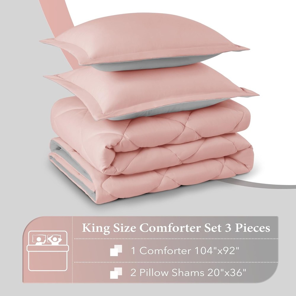 King Size Comforter Set - Pink and Grey King Comforter, Soft Bedding Sets for Al