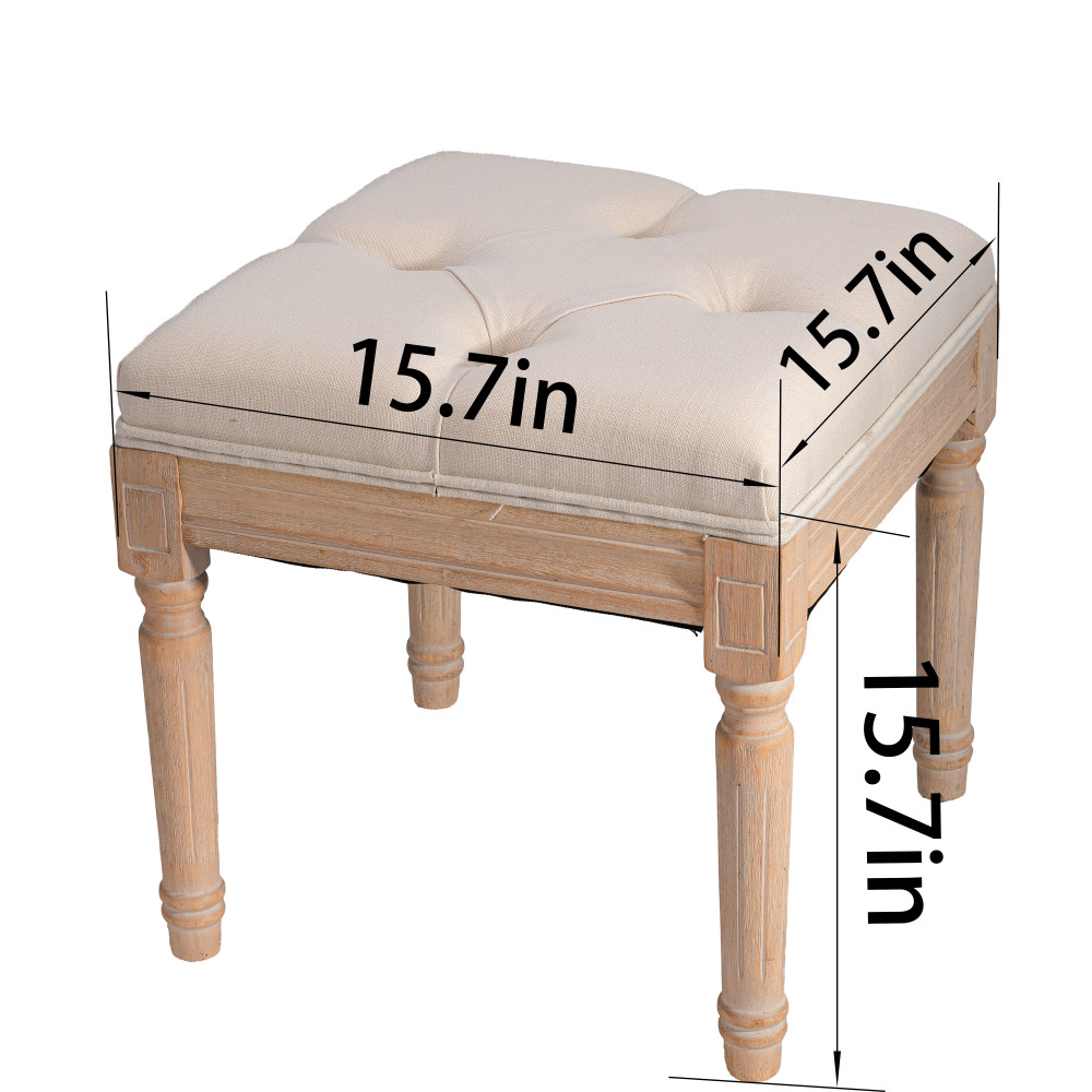 Beige Small Padded Bench Solid Wood Rattan Upholstered Vanity Stool