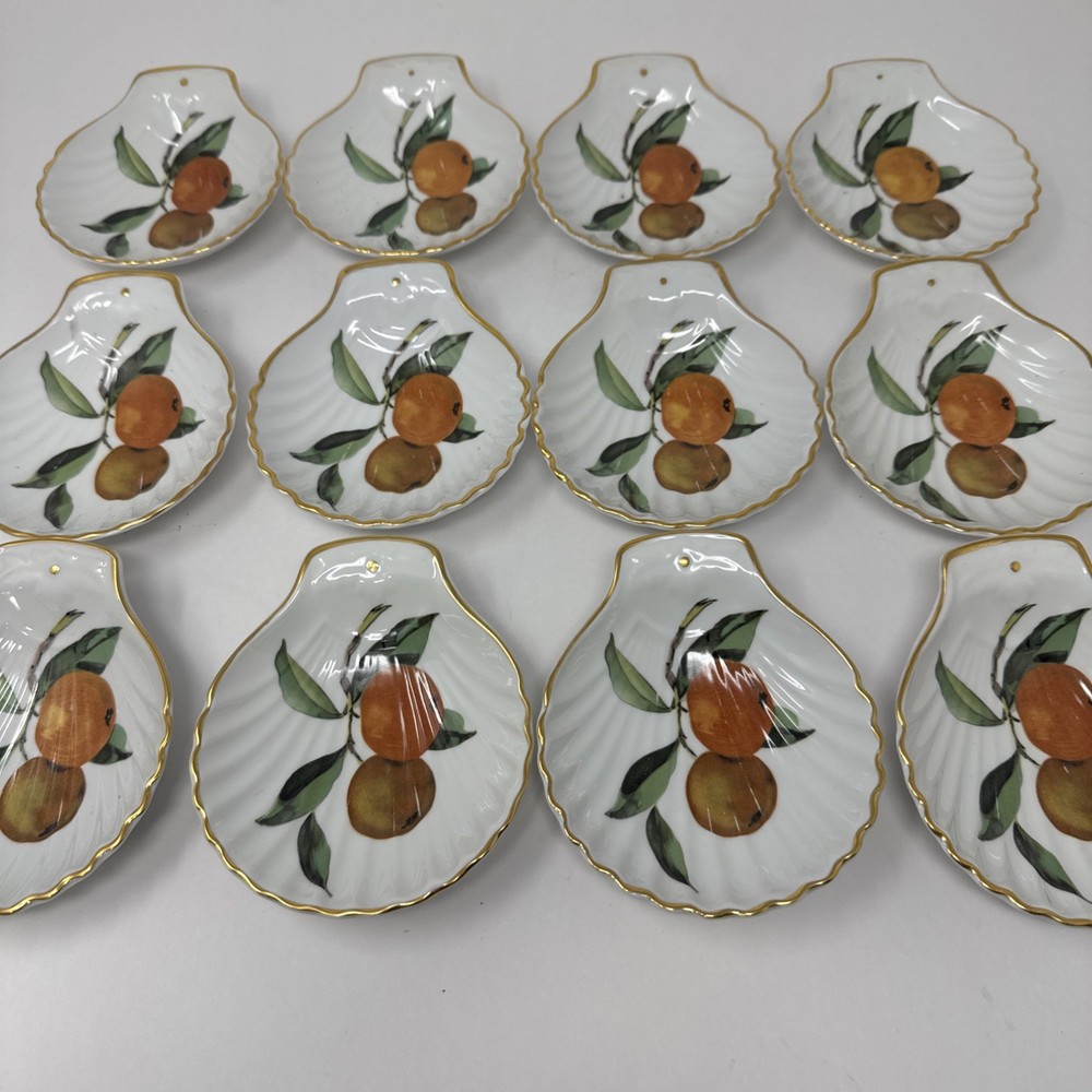 Royal Worcester Evesham 12 Pc Porcelain Shell Dishes England Fruit Pattern Set