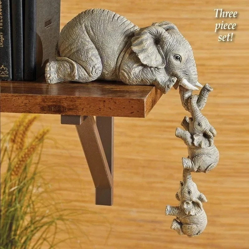 3Pcs Elephant Figurines Set Resin Crafts Cute Elephant Holding Baby Home Decor