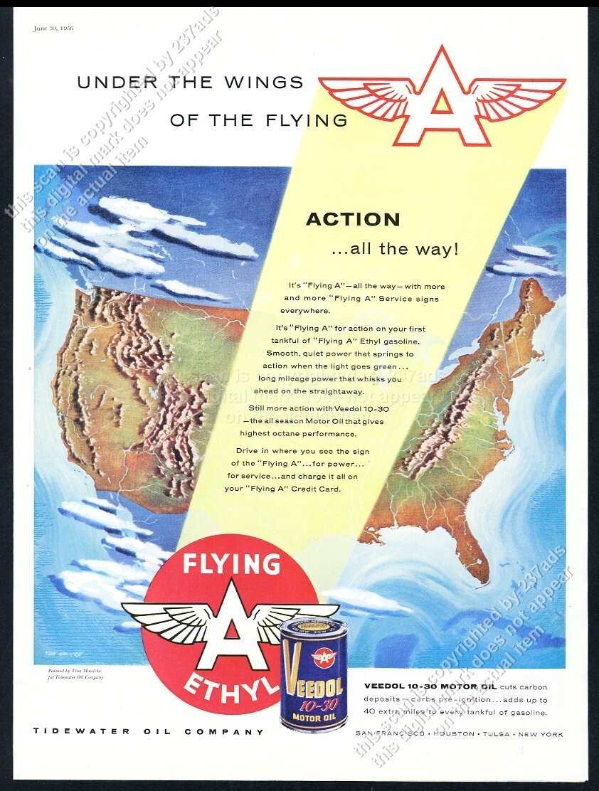 1956 Flying A gas USA map Veedol oil Tidewater vintage print ad