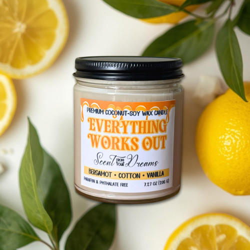 ☀️ Everything Works Out Candle | Coconut Soy Wax + Custom Gift Packaging 🕯️💌