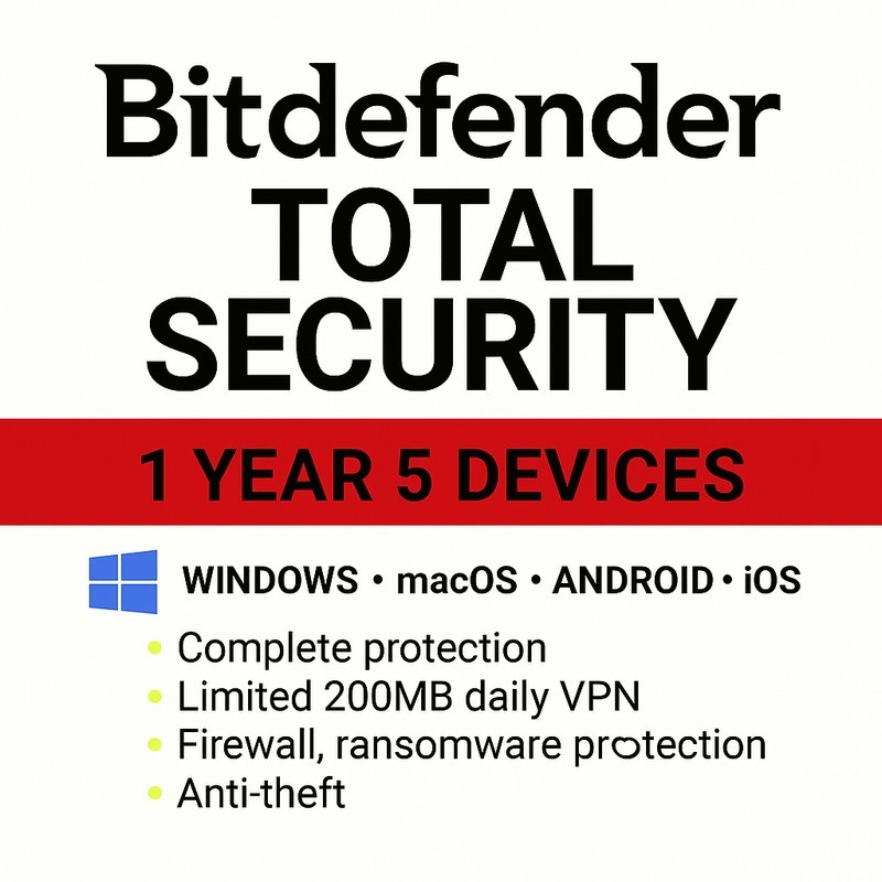Bitdefender Total Security - 1 Year 5 Devices (Windows, MAC, Android)