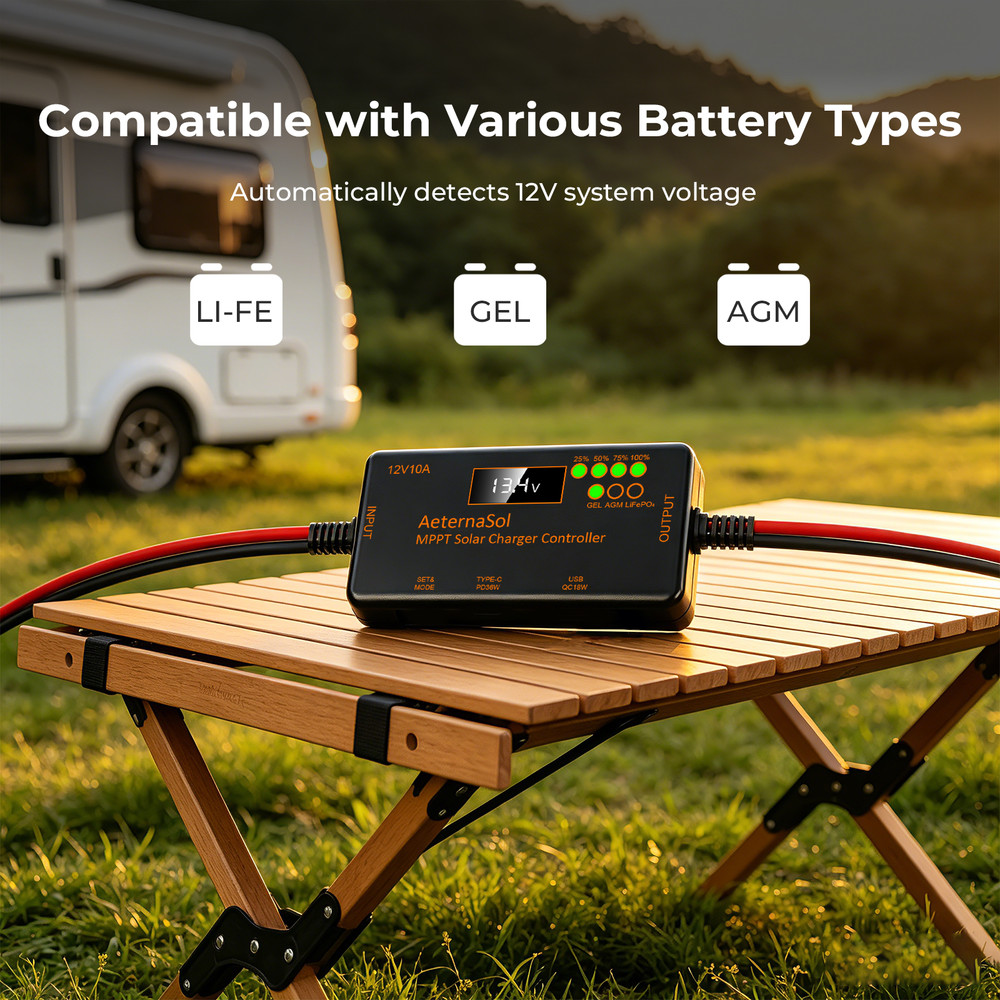 10A 12V MPPT Mini Solar Charge Controller battery regulator LCD with Type-C&USB