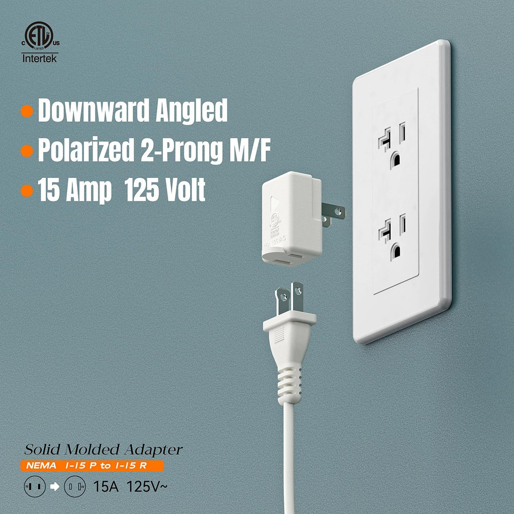 Polarized 2-Prong L Type Adapter, Vertical Right Angled down Angle AC Adapter, N