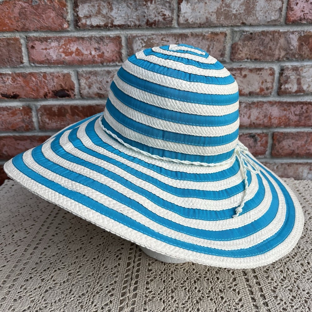 Jacobson Striped Ribbon Sun Beach Hat Turquoise & White Packable OSFA
