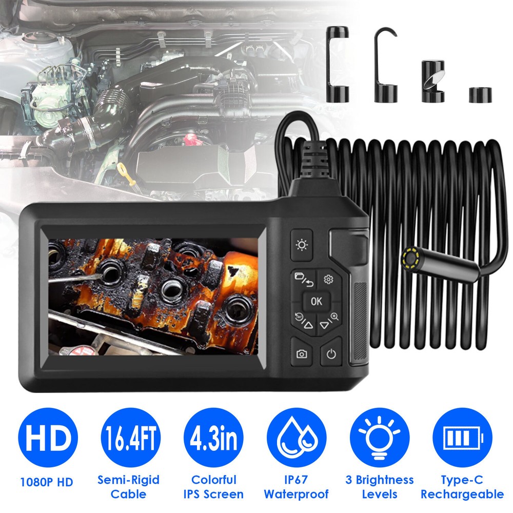 8 LED Adjustable Industrial Borescope Endoscope Camera w/16.4FT Semi-Rigid Cable