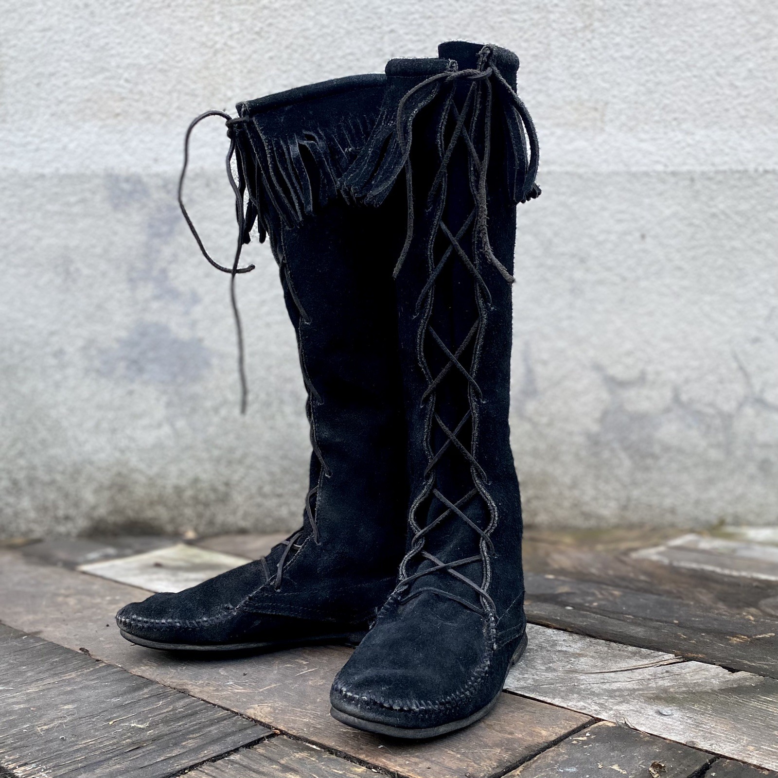 Vintage 1950s Native American Sioux Black Suede Knee High Fringe Boots Moccasins