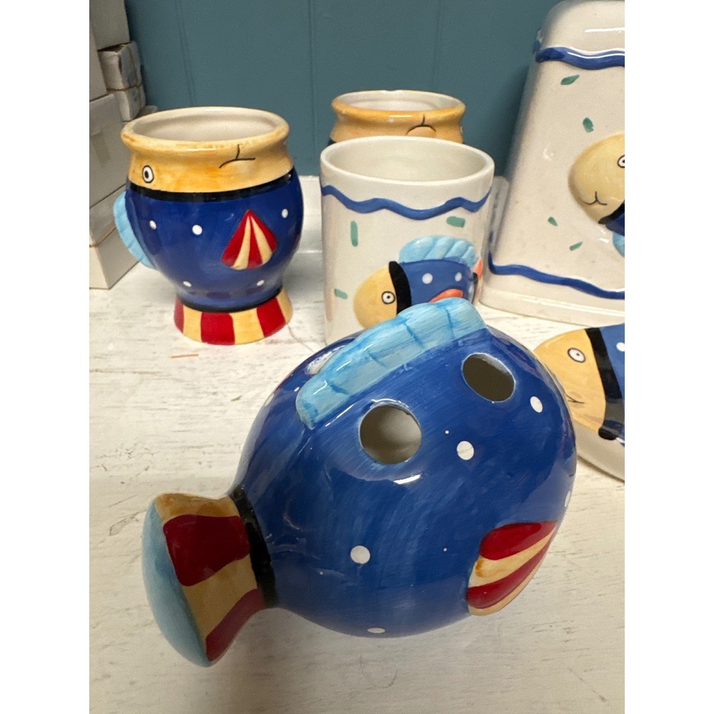 Coco Dowley Ceramic Fish Bathroom Set Tissue Box Soap Dish Toothbrush Holder 5pc