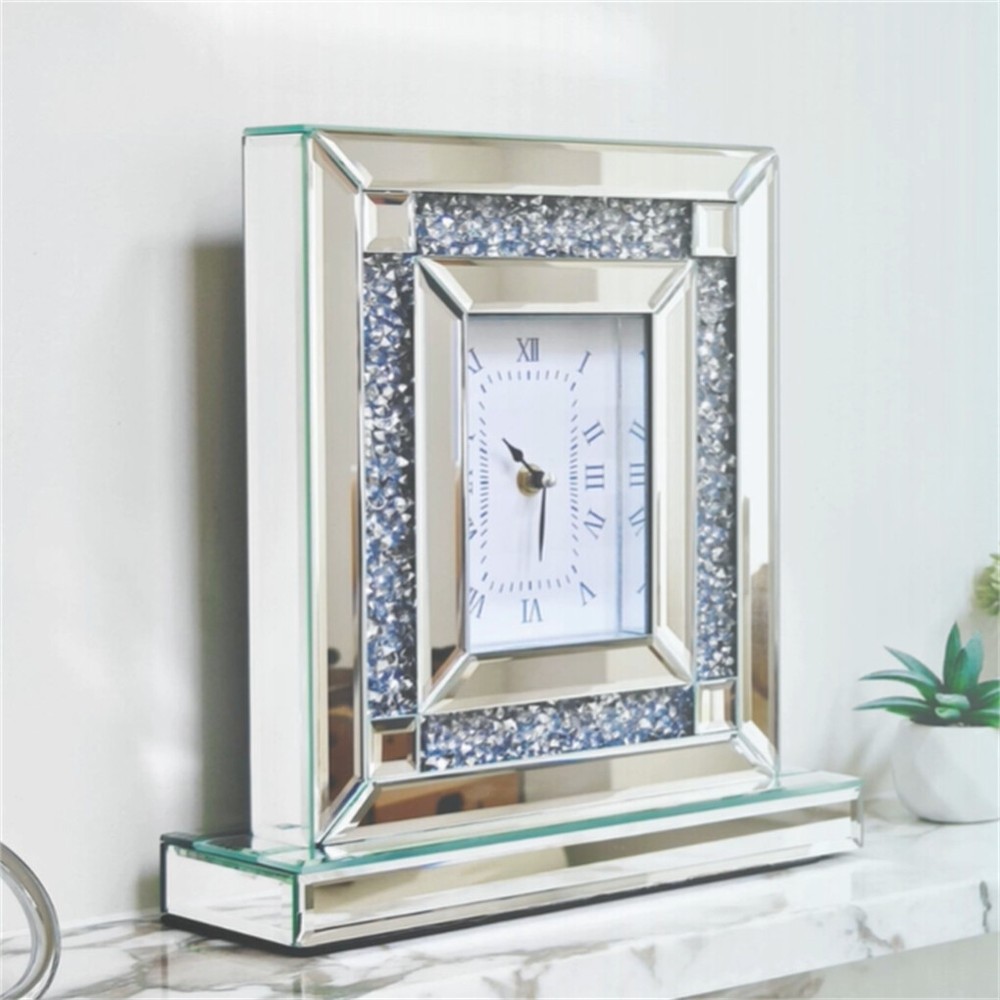 High-end Mirrored Desk Clock Crushed Diamond Table Clock Silver Glass Edge Frame