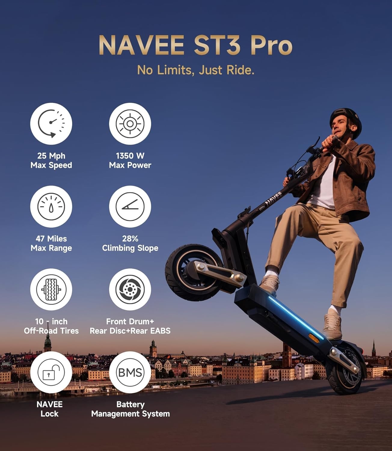 Navee ST3Pro Foldable Electric Scooter 25MPH Long Range Off-Road 10" Tires Adult