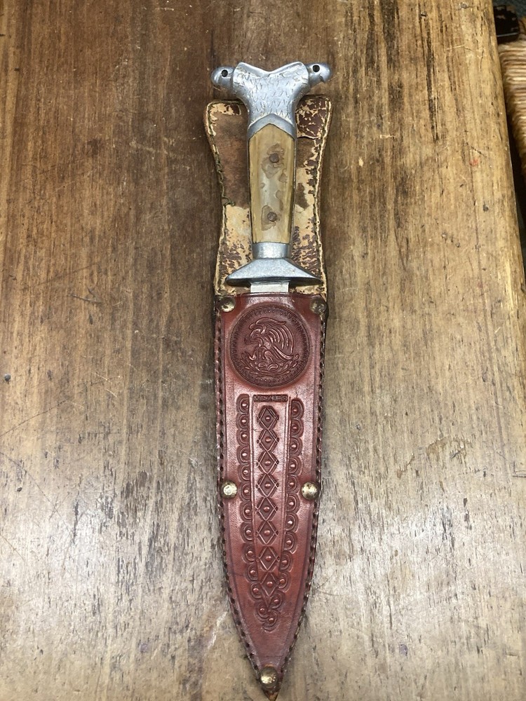 Vintage Hand Engraved Double Eagle Head Silver Mexico Dagger