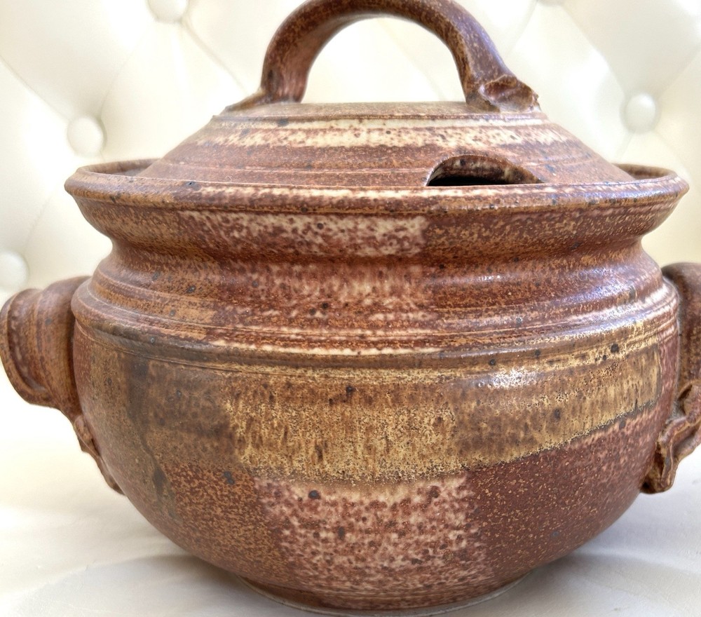 Vintage Primitive Stoneware Lidded Bean Pot Marked Townsend