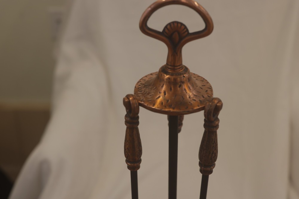 4 Piece Antique Copper Fireplace Tool Set with Solid Handles and Base