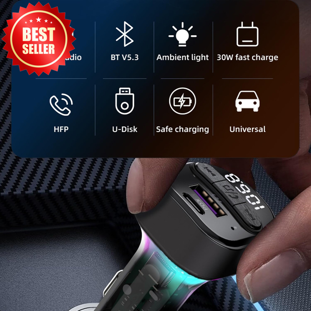 BT 5.3 FM Transmitter Car Adapter PD 30W QC 3.0 USB Handsfree LED US