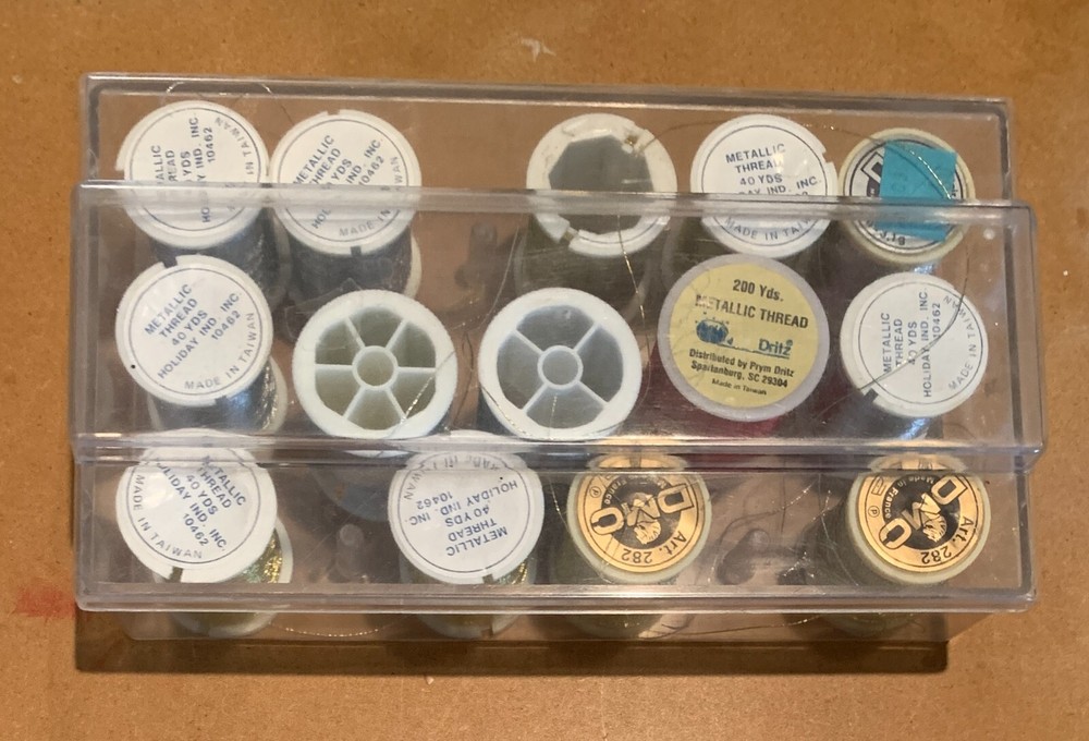 14 Spools Metallic Thread-Gold, Silver & 1 Red Plus Plastic Thread Storage Box