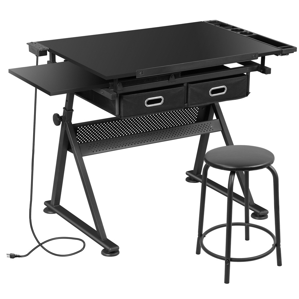 Adjustable Drafting Table with Stool Drawing Desk Artist Table with Outlet Black