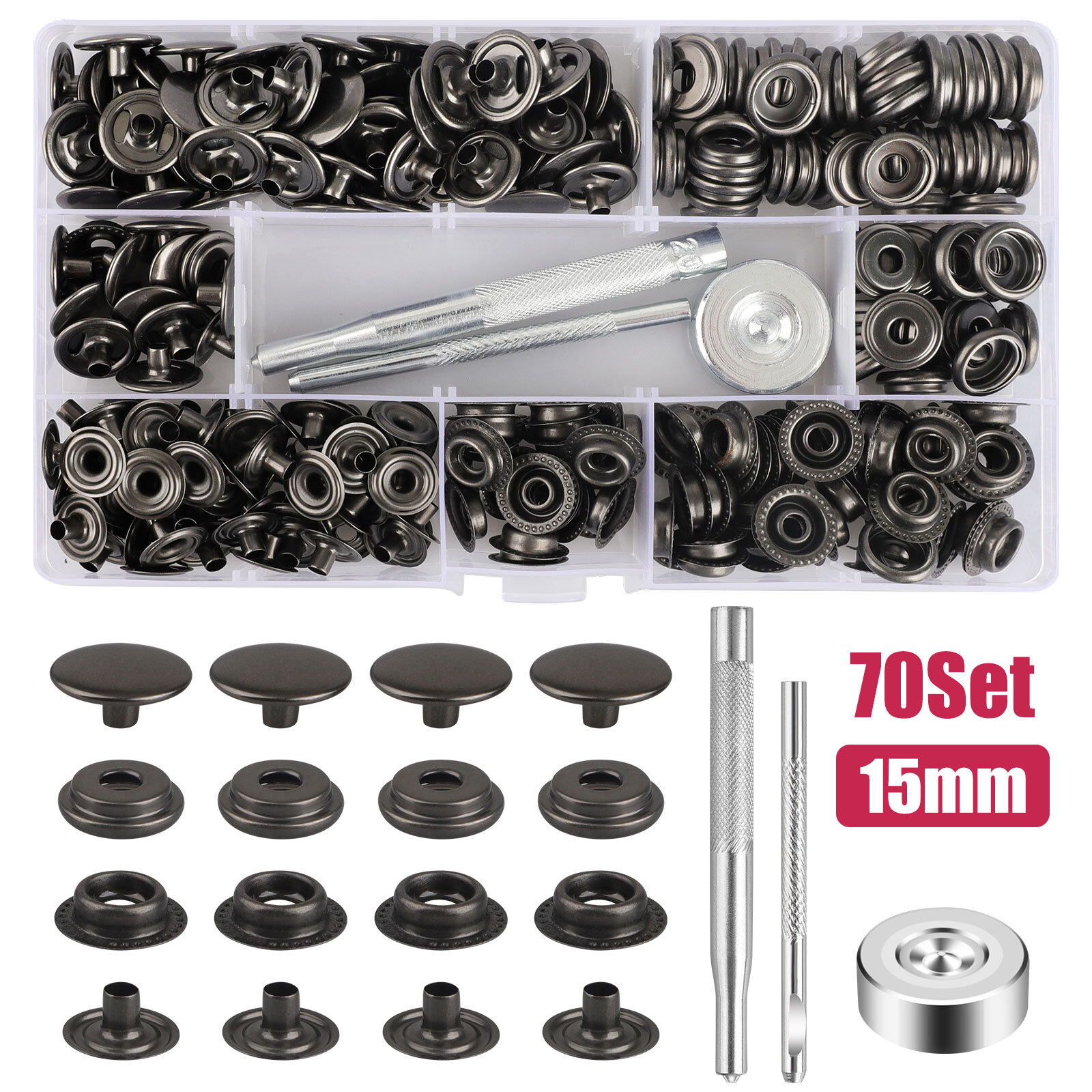 Heavy Duty Snap Fastener Button Kit 70 Set 15mm 5/8" Stainless Steel for Leather