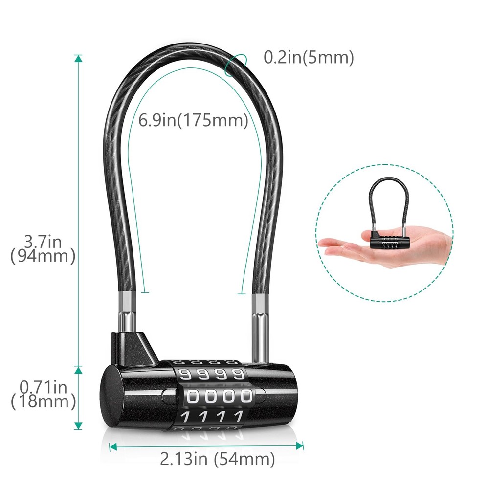 Long Shackle Combination Padlock, 4 Digit Combination Cable Lock, Resettable ...