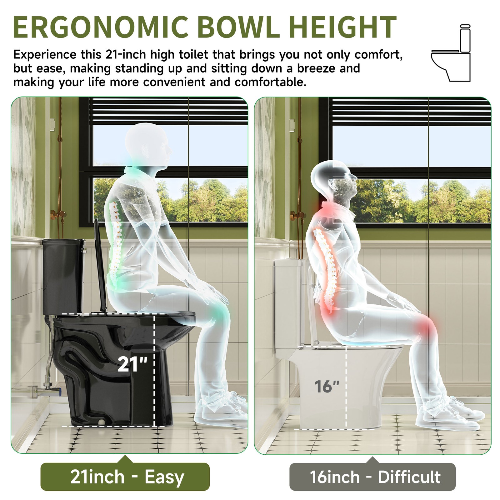 21" Tall Two Piece Toilets for Seniors Elongated Bowl Soft-Close Seat 1.28 GPF