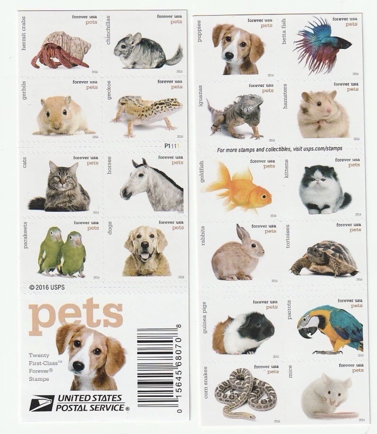 2016 USPS SHEET OF 20 FIRST CLASS LETTER STAMPS PETS 78¢