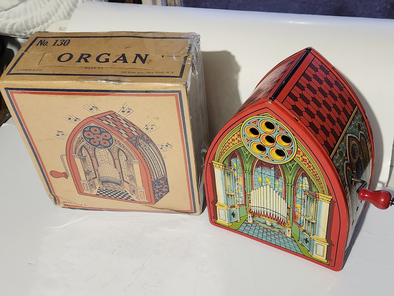 Old Chein Tin Wind Up Musical Cathedral Church Organ With Box