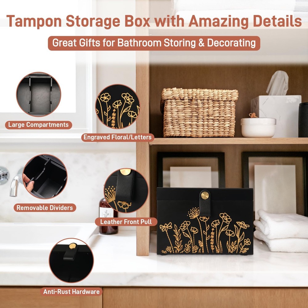 100% Solid Wood Tampon Holder with Lid, Copper Leather Pull, Absolute Real Wo...
