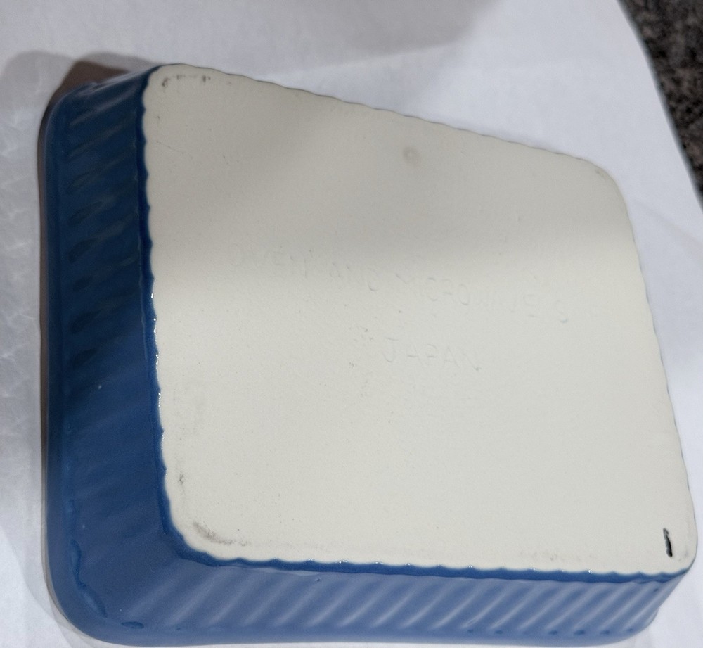 Vintage Blue Ribbed Rectangular Stoneware Baking Dish 7.5" Japan