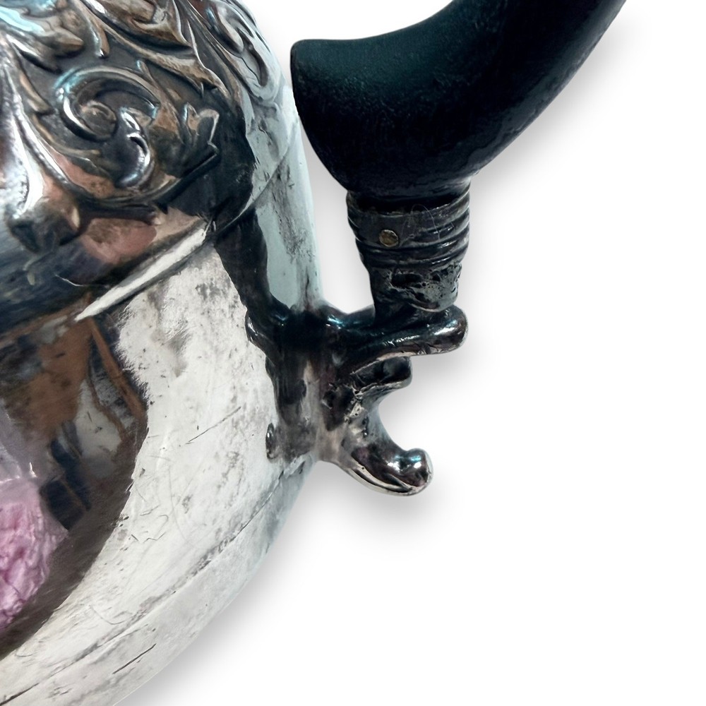 Antique Silverplate Hinged Lid Pitcher, Ornate Victorian Style, Black Handle