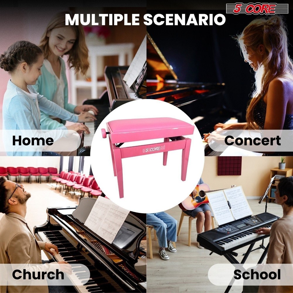 5 Core Piano Bench Height Adjustable Padded Cushion Solid Wood Keyboard Stool