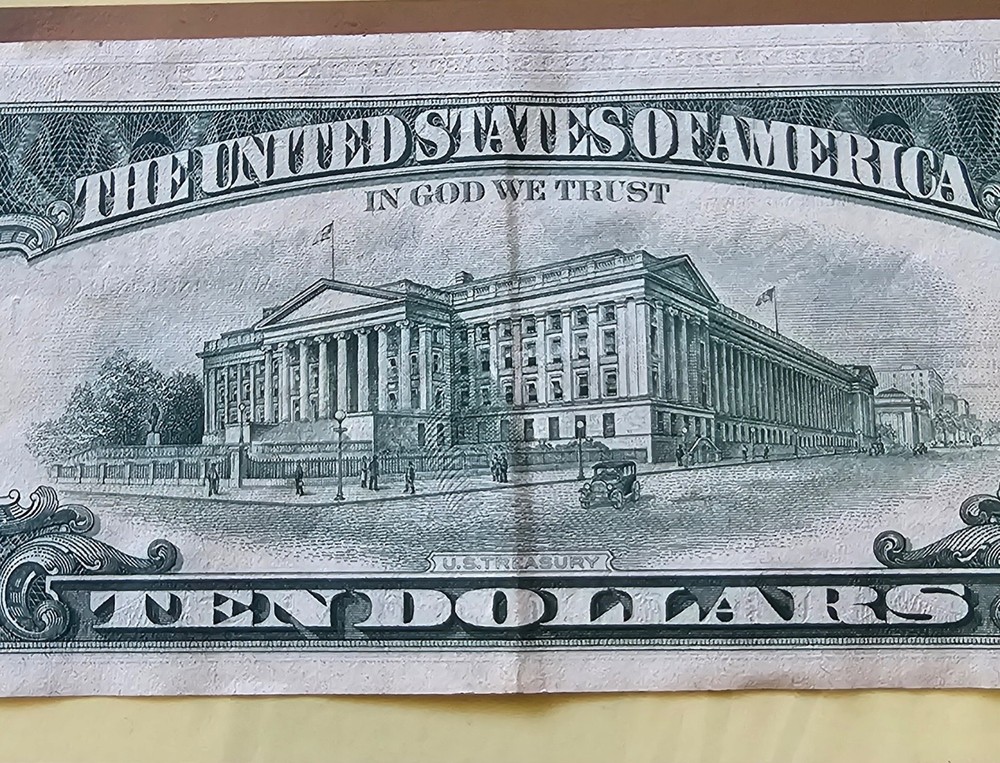 $10 bill 1969c off center front and back with seal misalignment error