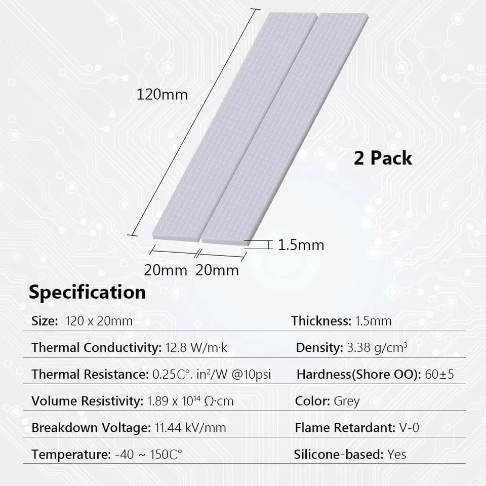 High-Performance Thermal Pads 2x 120x20mm | SSD, GPU & PC Cooling