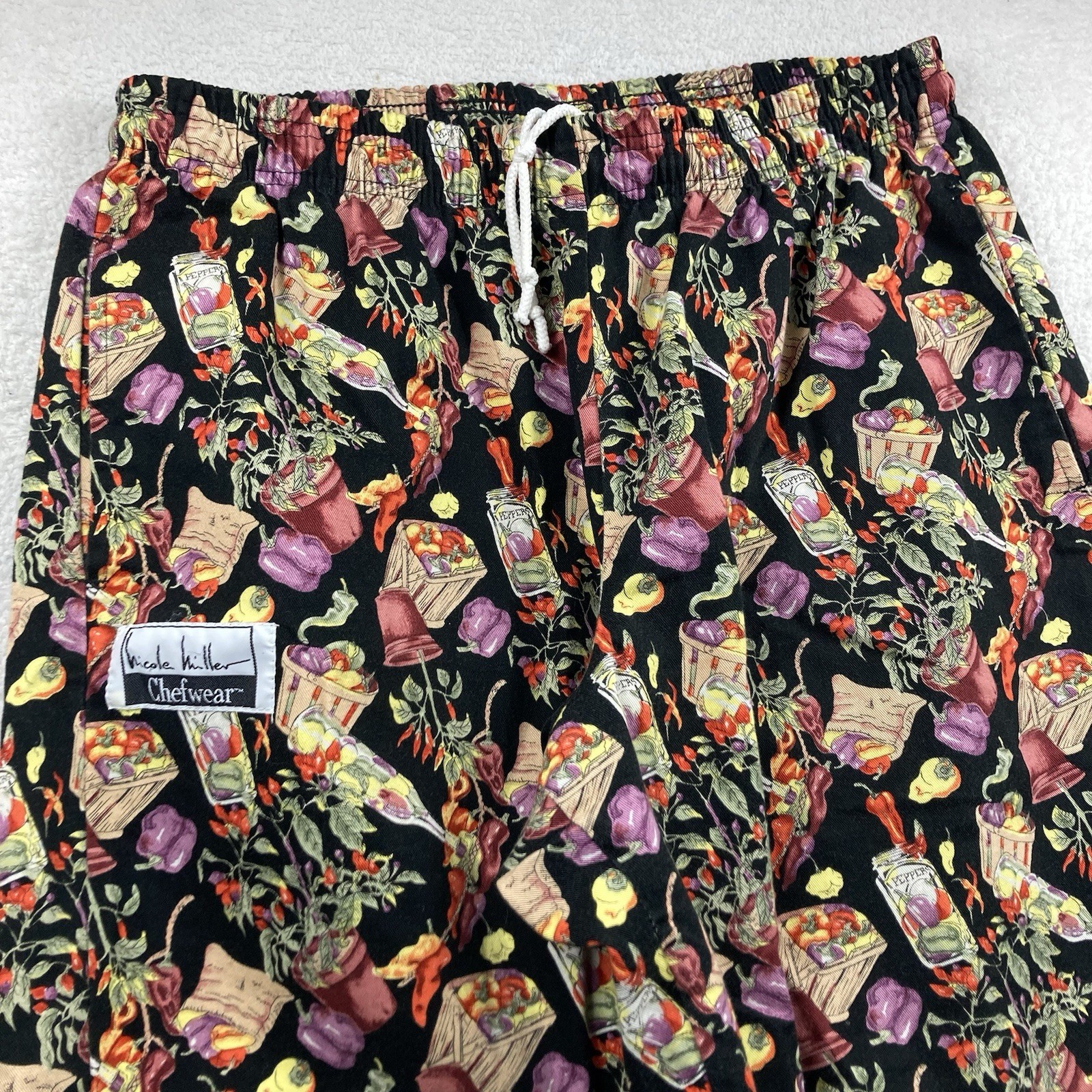 Vintage Nicole Miller Chefwear Pants Adult Large Black Multicolor Peppers Spicy