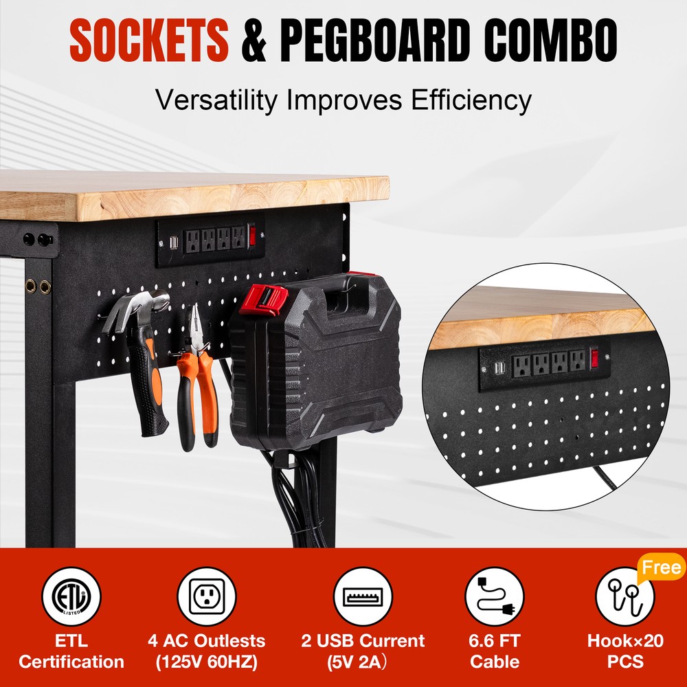 Adjustable Height Workbench 48"L x 24"W Work Bench Table w/ Power Outlets&Wheels