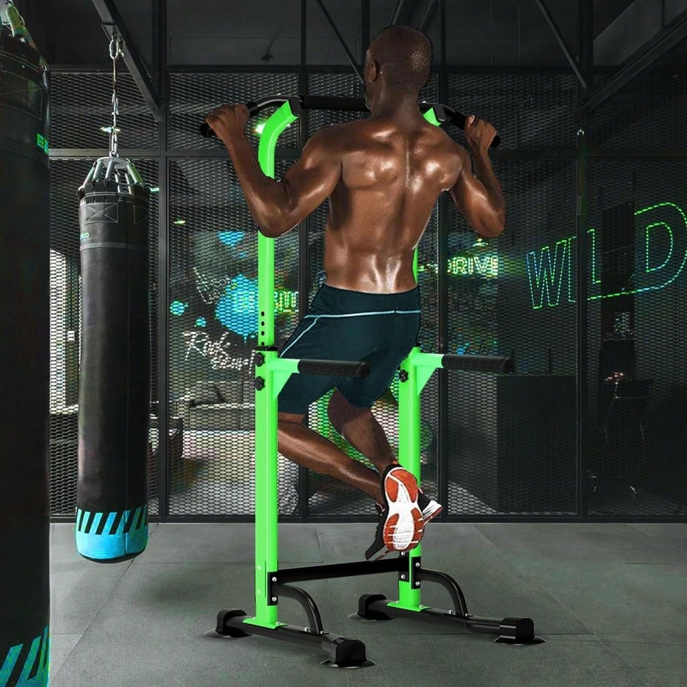 Power Tower Pull-Up Dip Station Strength Training Home Gym Green