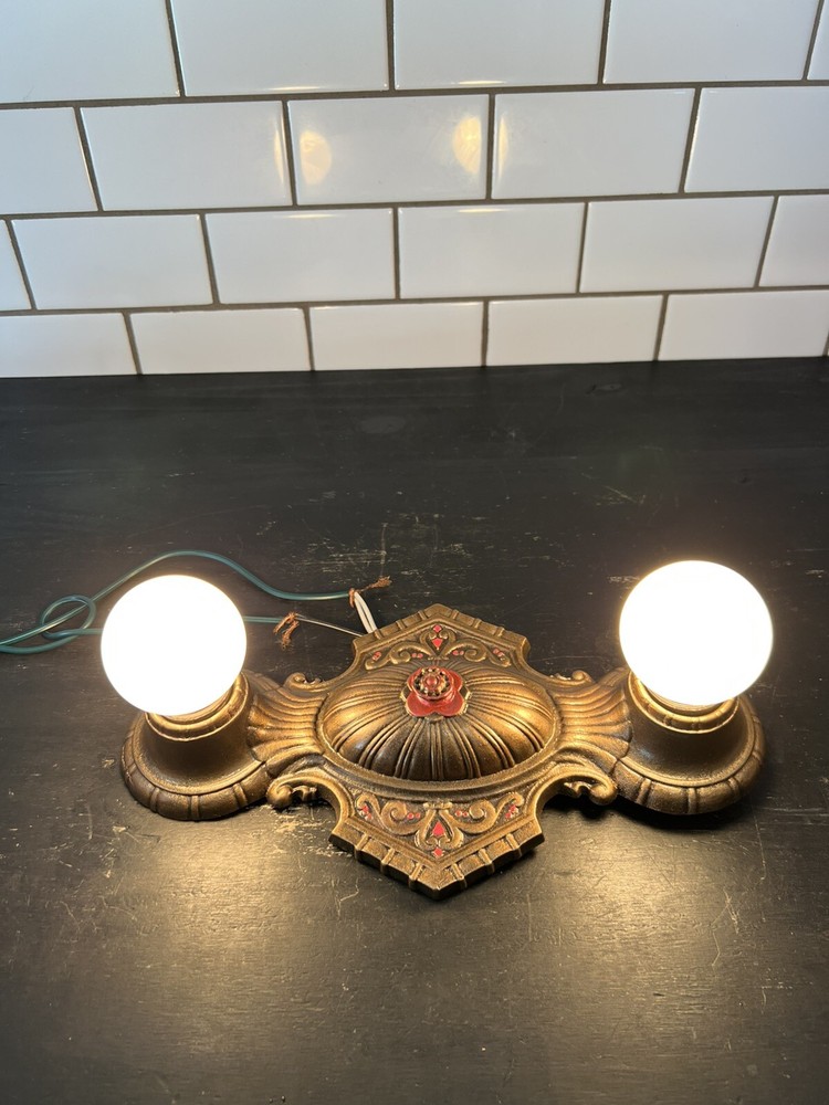 Single Antique Double Socket Polychrome Flush Mount Nice Rewired 10G