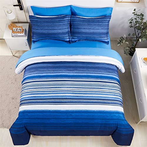 7 Piece Bed in a Bag Stripe Comforter Set Queen Size, White and Blue Patchwork