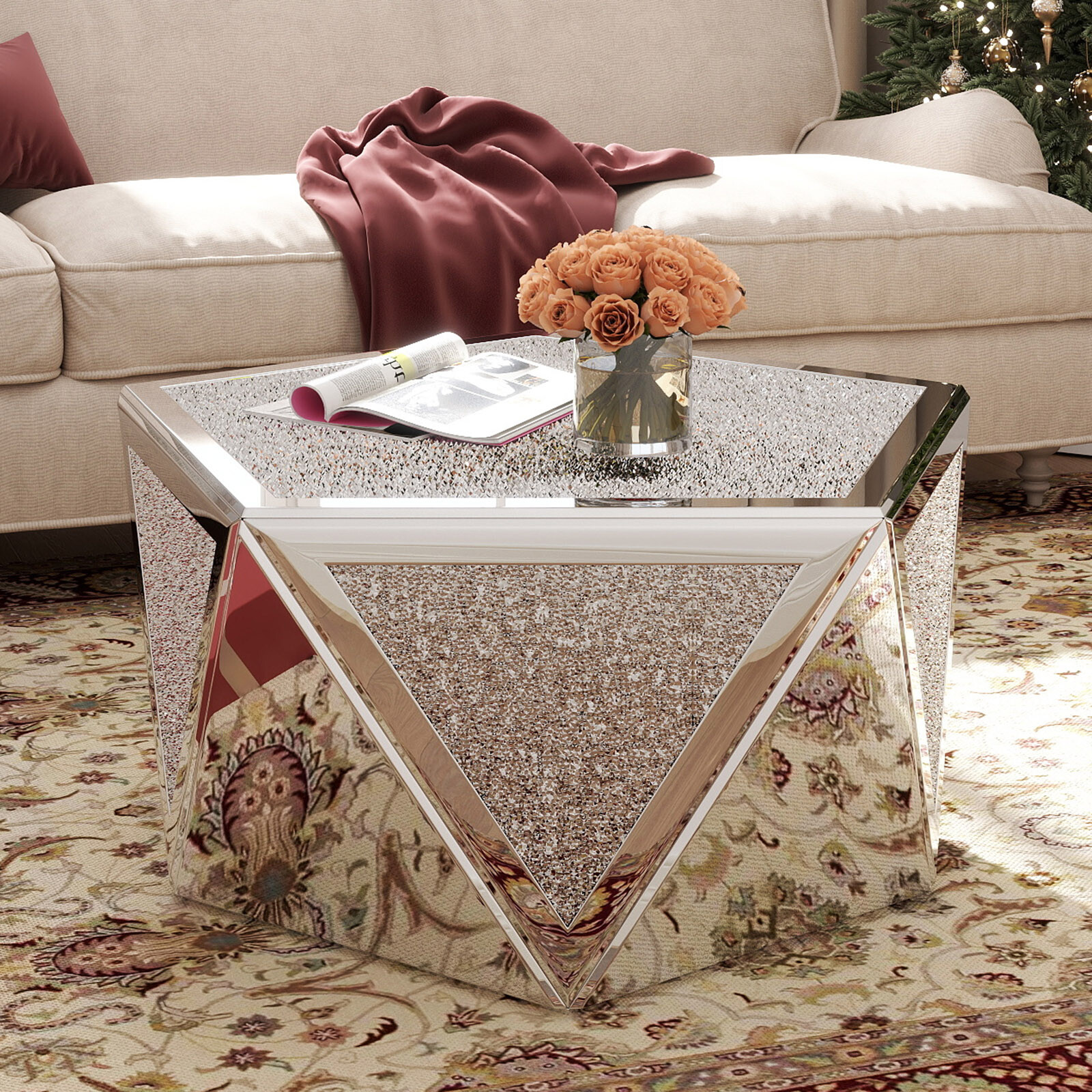 Modern Pentagonal Mirrored Coffee Table Crushed Diamond Luxury Home Living Room