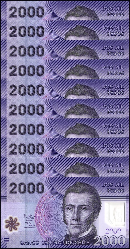 Chile 2000 Pesos, 2014, P-162d, UNC, Polymer X 10 PCS