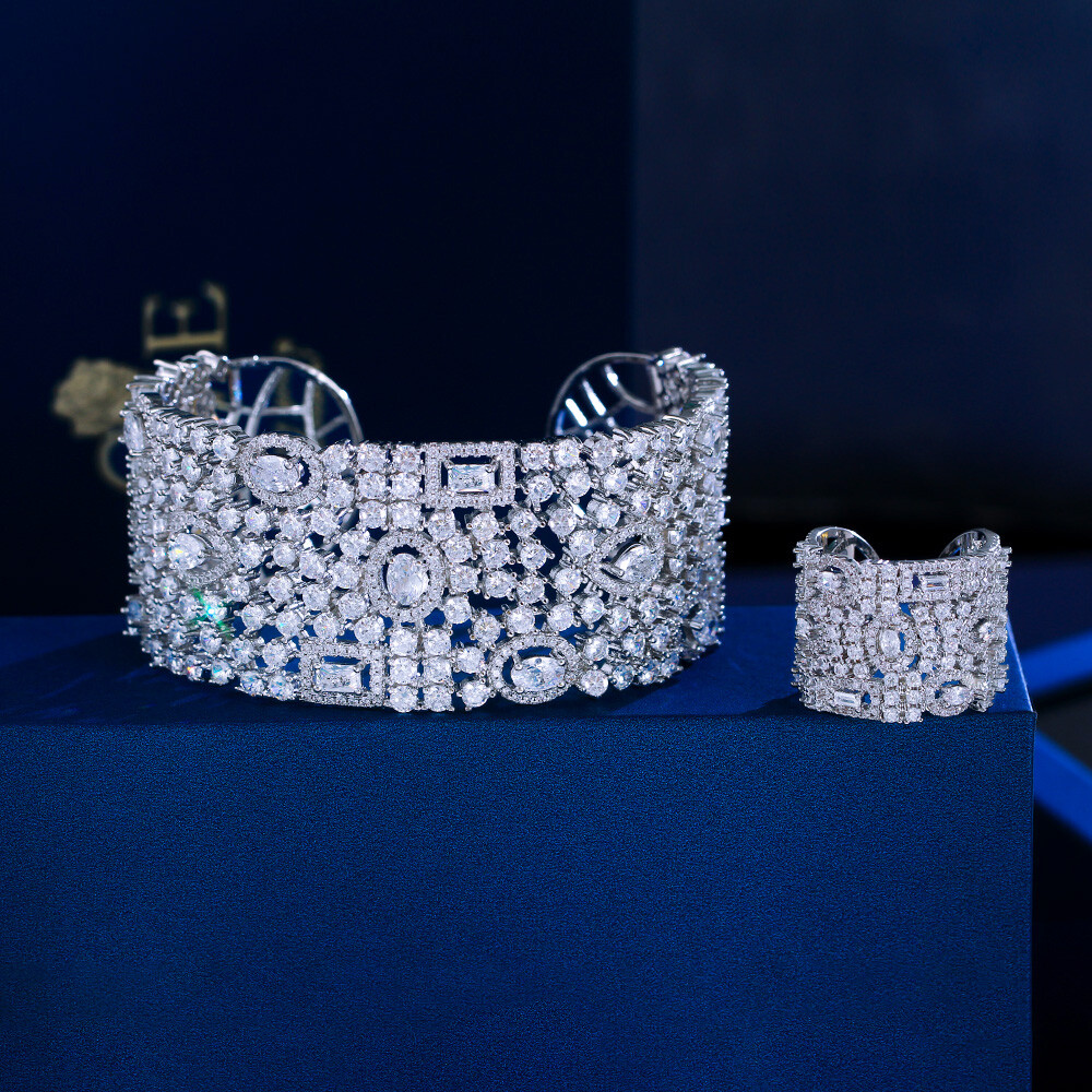Sparkling CZ Austrian Crystal Wide Open Cuff Bangle Ring Adjustable Jewelry Set