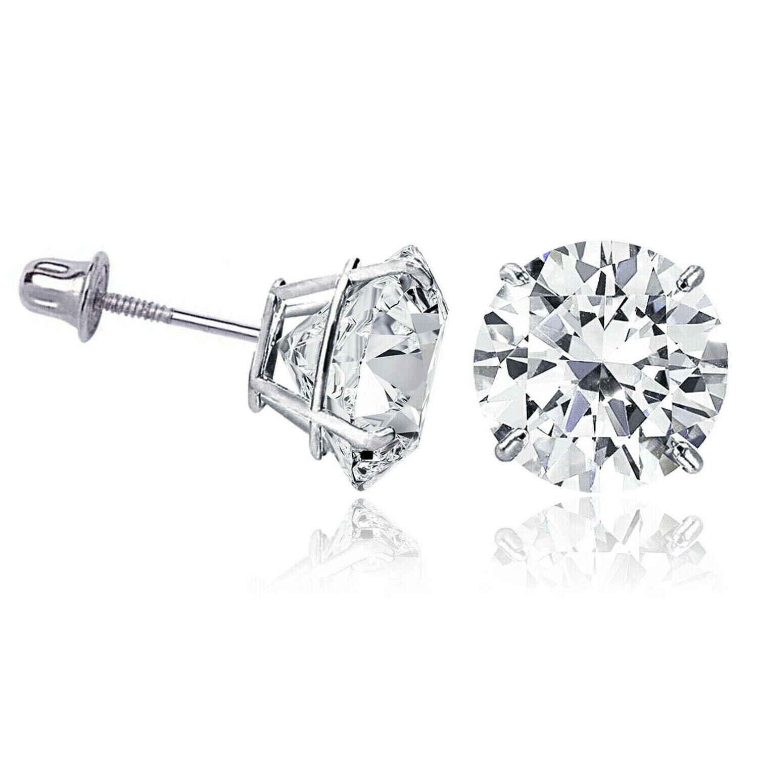 14K Solid White Gold Round Solitaire Cubic Zirconia Screw Back Stud Earrings