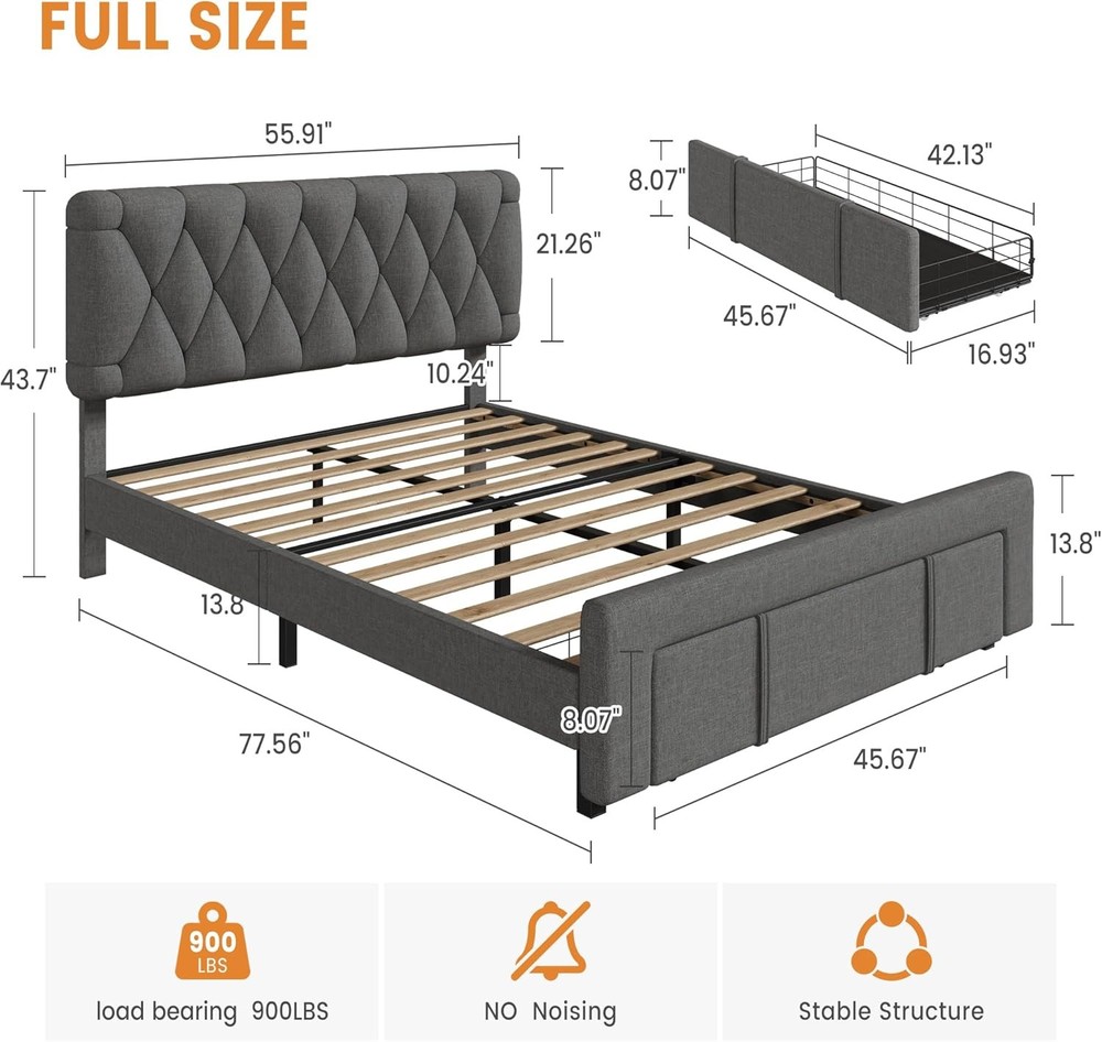 Full Queen King Size Bed Frame Upholstered Headboard Platform w/ Storage Drawers