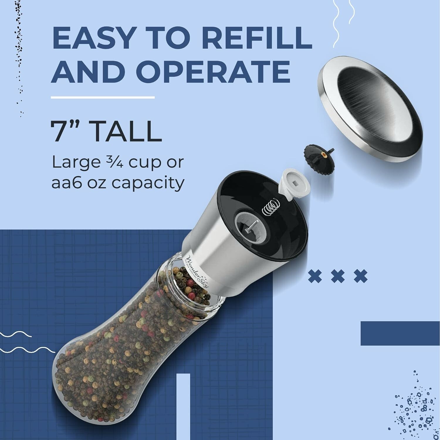 Salt and Pepper Grinder Set - 2 Pack - Refillable Pepper Mill Salt Grinder